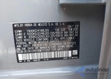 2024 Honda Hr-V Awd Sport/Awd Sport W/O Bsi from USA, damaged, VIN 3CZRZ2H51RM711297